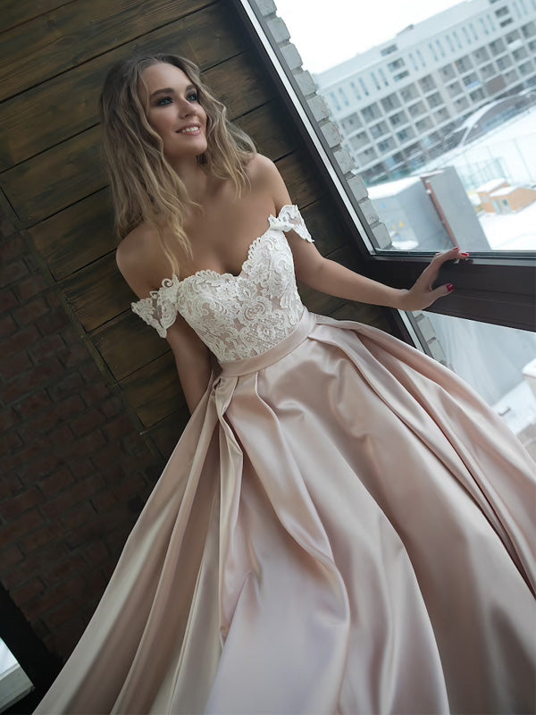 Charming Off-shoulder A-line Satin Lace Long Wedding Dresses, WDS0081