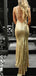 Mermaid V-Neck Backless Gold Sequined Prom Dresses with Appliques, TYP1288