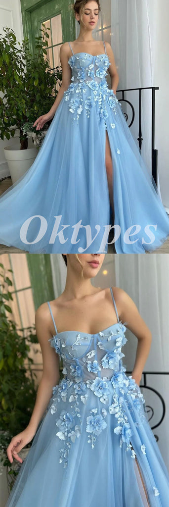 Elegant Blue Tulle Spaghetti Straps Side Slit A-Line Long Prom Dresses With Applique,PDS0730