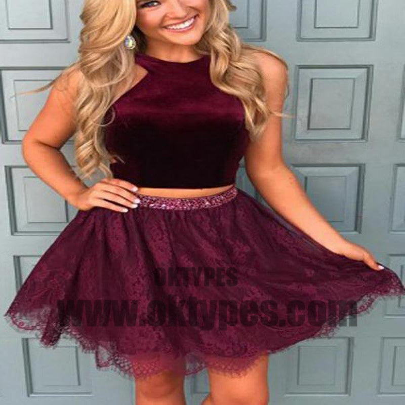 Halter Two Pieces Red Lace Cheap Homecoming Dresses Homecoming Dresses, TYP0493