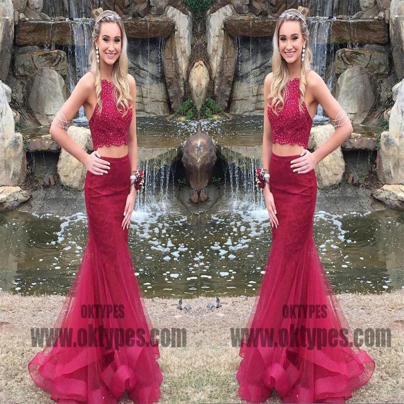 Red Two Piece Beading Prom Dresses, Halter Strap Tulle Prom Dresses, TYP0387