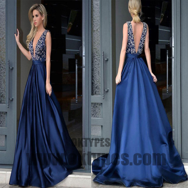 Long Floor Length Prom Dresses, Beading Prom Dresses, V-neck Prom Dresses, V-back Prom Dresses, TYP0316