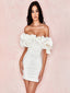 Charming White Soft Satin Off Shoulder Short Homecoming Dresses, HDS0072