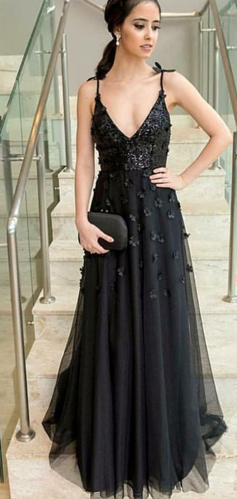 A-Line V-Neck Long Cheap Black Evening Prom Dresses with Appliques&Sequins, TYP1293