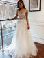 Simple A-Line Tulle Lace V-neck Evening Dress, Bridal Weding Dresses, TYP1163