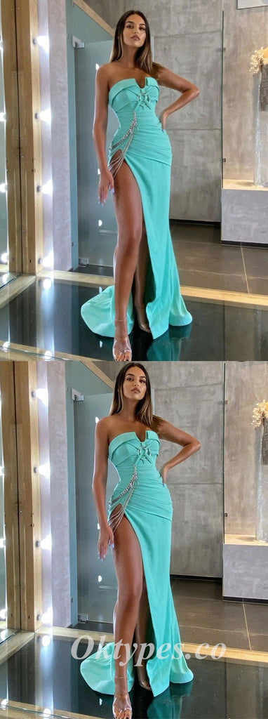 Sexy Satin Sweetheart V-Neck Sleeveless Side Slit Mermaid Long Prom Dresses,PDS0656