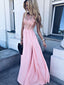 Pretty Round Neck Pink Chiffon Long Homecoming Prom Dresses with Appliques, TYP1062