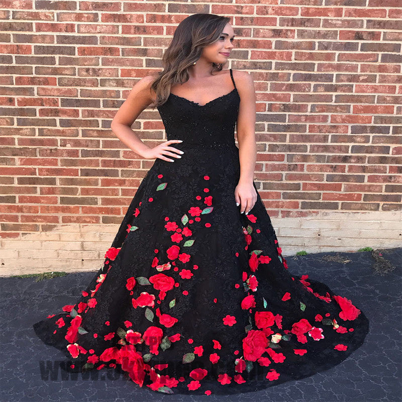 Black Lace Handmade Flowers Prom Dresses, A-line Prom Dresses, Lovely Prom Dresses, TYP0386