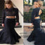 Black Two Piece Long Mermaid Prom Dresses, Beading Prom Dresses, Open-back Prom Dresses, Long Sleeve Prom Dresses, TYP0300