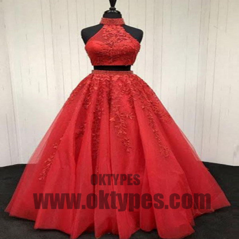 Red Two Piece Appliques Prom Dresses, Long Halter Lace Mermaid Prom Dresses, TYP0444