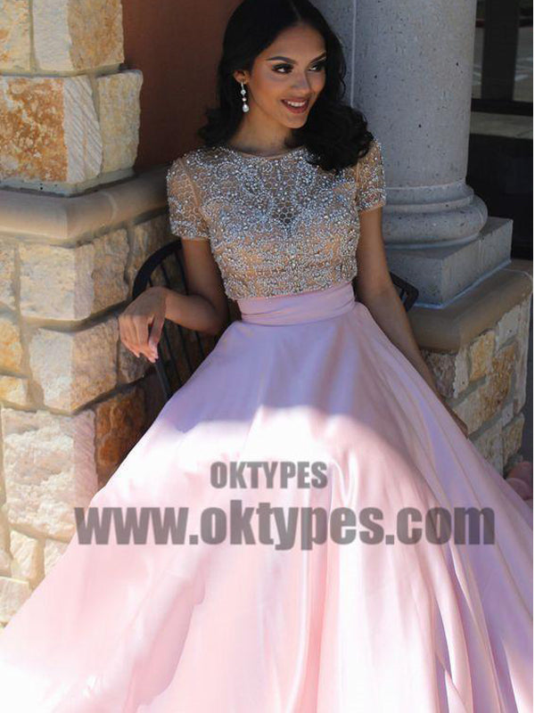 Two Piece Top Beaded Pink Satin Prom Dresses, Short Sleeve Scoop Prom Dresses, TYP0578