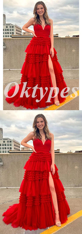 Sexy Red Tulle Spaghetti Straps V-Neck Side Slit A-Line Long Prom Dresses, PDS0938