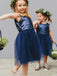 Cute A-Line Round Neck Navy Blue Tulle Flower Girl Dresses with Sequins, TYP1155