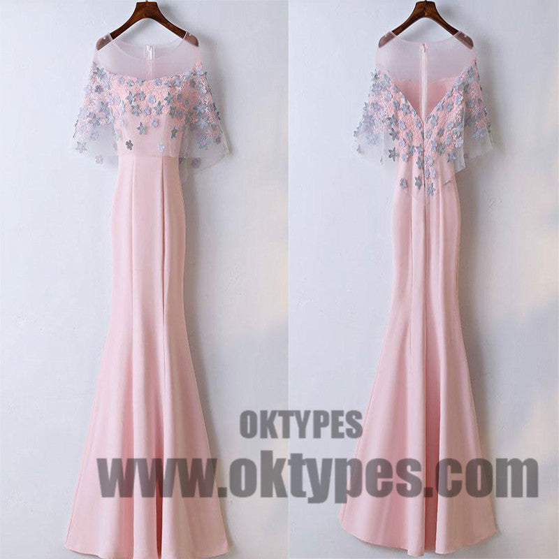 Pink Long Floor Length Prom Dresses, Appliques Lace Prom Dresses, Zipper Yarn Prom Dresses, Pink Evening Dresses, TYP0244