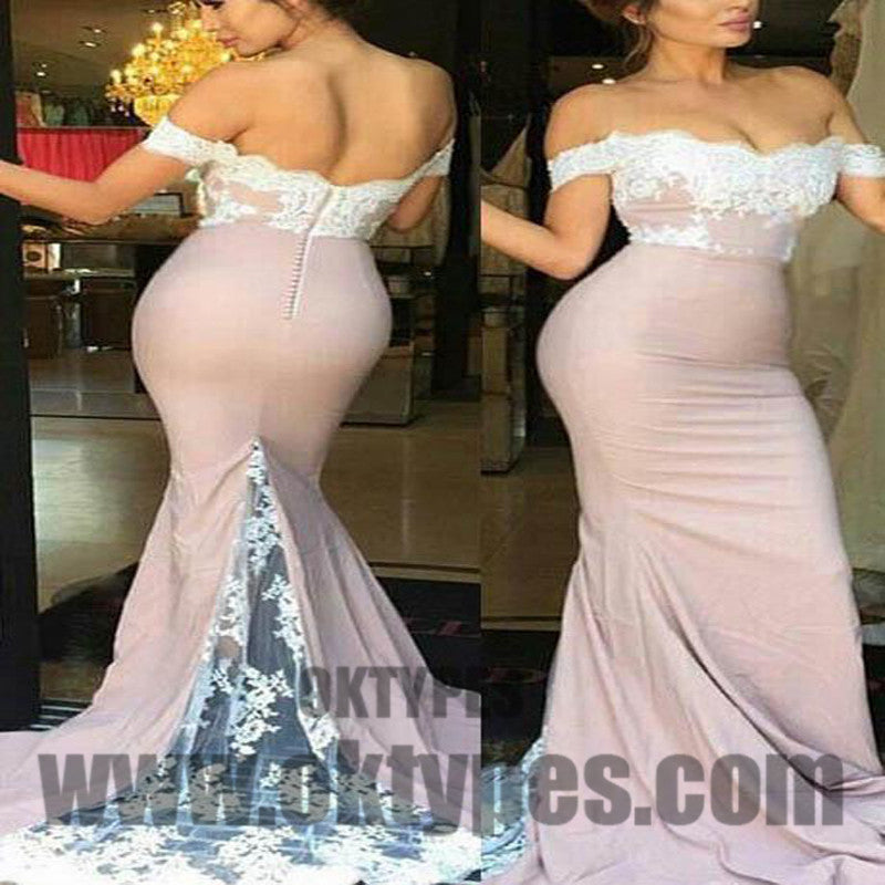 Light Pink Prom Dresses, Long Mermaid Prom Dresses, Off-shoulder Lace Prom Dresses, Zipper Prom Dresses, TYP0068