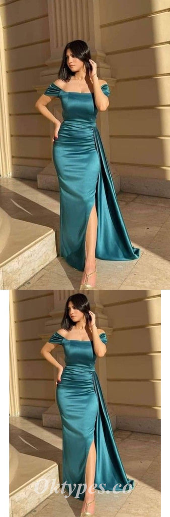 Elegant Satin Off Shoulder Square Sleeveless Side Slit Mermaid Long Prom Dresses With Trailing,PDS0616