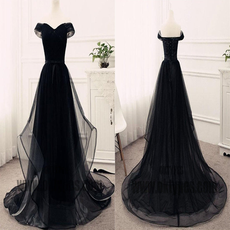 Black Long Mermaid Prom Dresses, Off-shoulder Prom Dresses, Lace Up Tulle Prom Dresses, TYP0357