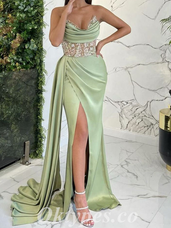 Gorgeous Satin Sweetheart V-Neck Sleeveless Side Slit Mermaid Long Prom Dresses,PDS0679