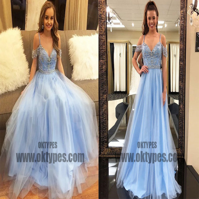 Long Floor Length Tulle Prom Dresses, Off-shoulder Prom Dresses, Beading Prom Dresses, TYP0339