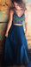 Two Piece Spaghetti Straps Blue Satin Prom Dresses with Beading, TYP1289