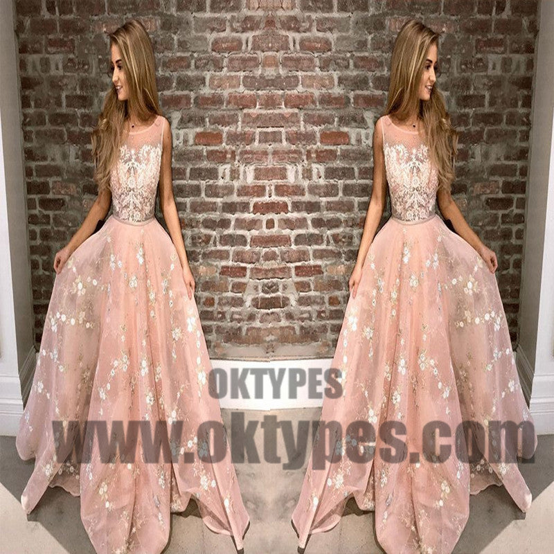 Pink Long Appliques Tulle Prom Dresses, Scoop Evening Prom Dresses, Prom Dresses, TYP0471