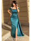 Elegant Satin Off Shoulder Square Sleeveless Side Slit Mermaid Long Prom Dresses With Trailing,PDS0616