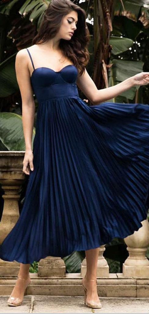 A-Line Spaghetti Straps Pleated Navy Blue Satin Prom Party Dresses Online, TYP1290