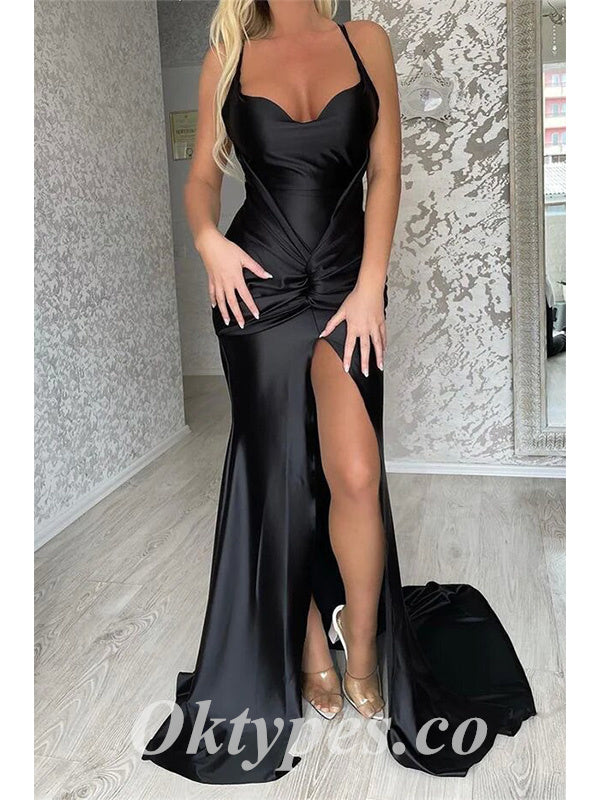 Sexy Black Soft Satin Spaghetti Straps V-Neck Sleeveless Side Slit Mermaid Long Prom Dresses,PDS0750