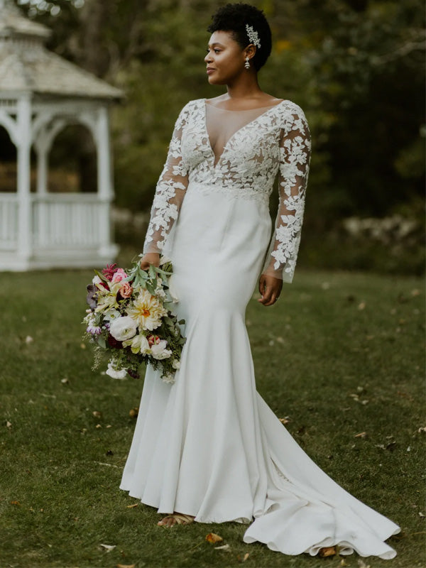 Elegant V-neck Mermaid Long Sleeve Long Wedding Dresses, WDS0078