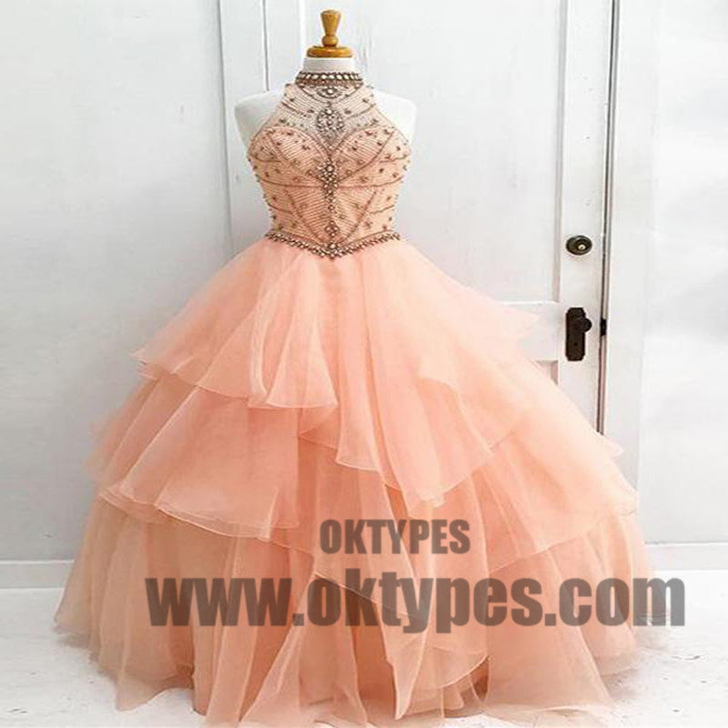 Ball Gown High Neck Floor-length Sleeveless Tulle Prom Dress/Evening Dress, Beading Prom Dresses, TYP0434