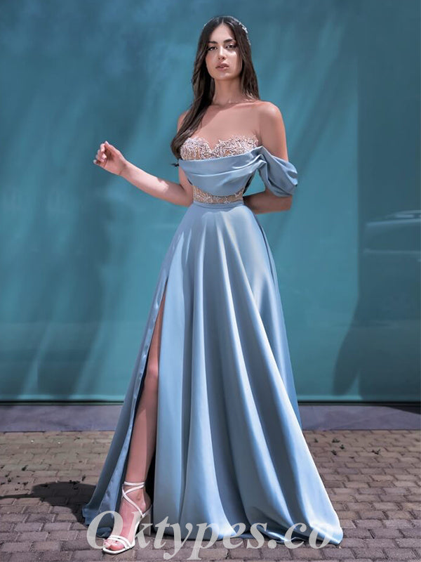 Elegant Satin Off Shoulder V-Neck Sleeveless Side Slit A-Line Long Prom Dresses,PDS0697