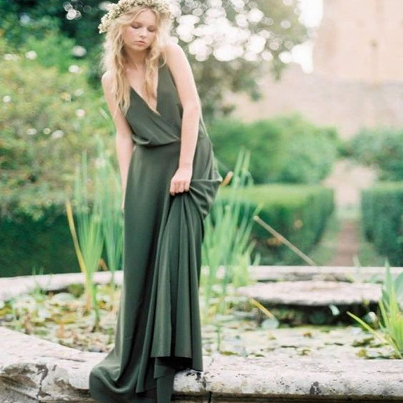 Green Deep V-Neck Sweep Train Long Jersey Cheap  Bridesmaid Dresses Online, TYP0994