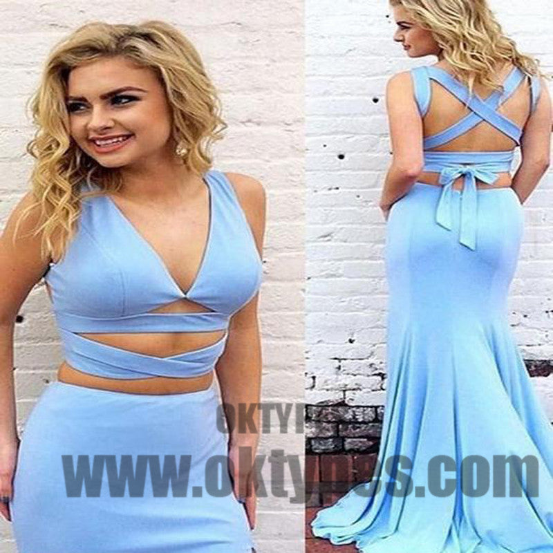 Sky Blue Two Piece Prom Dresses, Long Floor Length Prom Dresses, V-neck Prom Dresses, Criss-Cross Prom Dresses, TYP0249