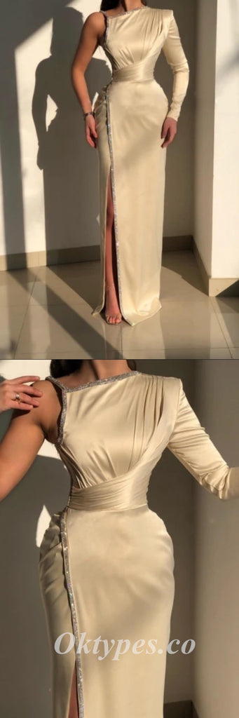 Sexy Satin One Shoulder Long Sleeve Side Slit Mermaid Long Prom Dresses,PDS0685