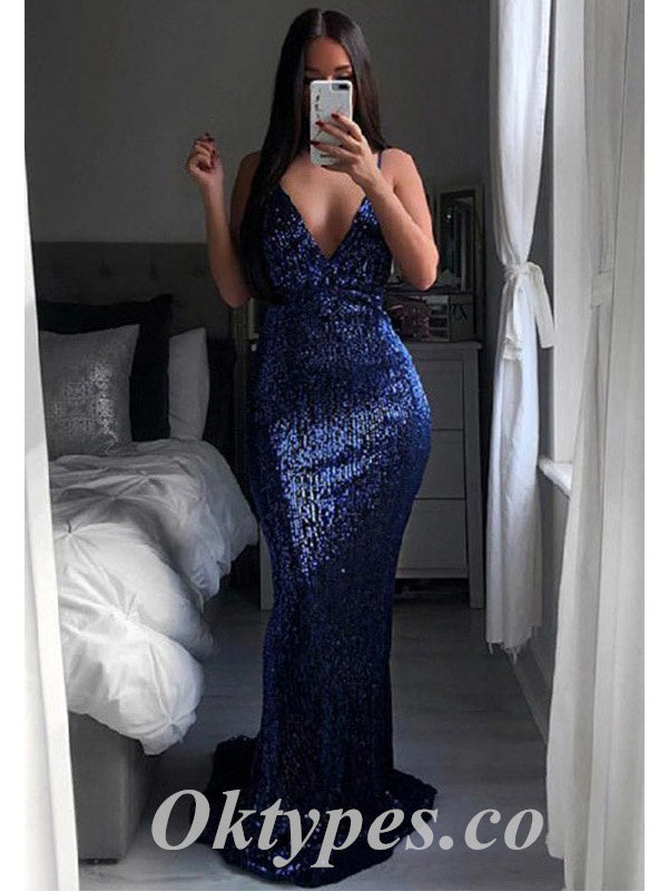 Sexy Sequin Spaghetti Straps V-Neck Backless Mermaid Long Prom Dresses , PDS0876