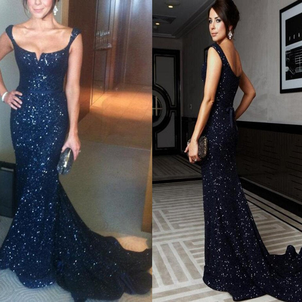 Navy Blue Sequin Long Mermaid Gorgeous Sparkle Elegant Prom Dresses, TYP0005