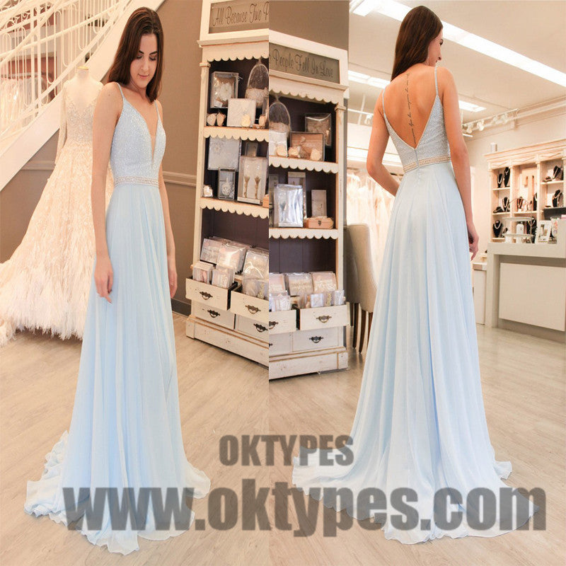 Light Blue Spaghetti Strap Sequin Chiffon Prom Dresses, Backless Prom Dresses, TYP0360