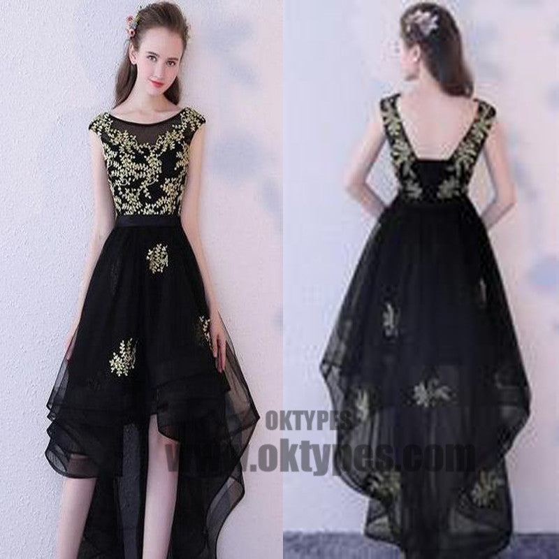 High Low Black Prom Dresses, Appliques Prom Dresses, Backless Prom Dresses, Scoop Prom Dresses, TYP0307