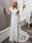 White Cap Sleeve V-neck Lace Backless Dresses To Wear To A Wedding, TYP0978