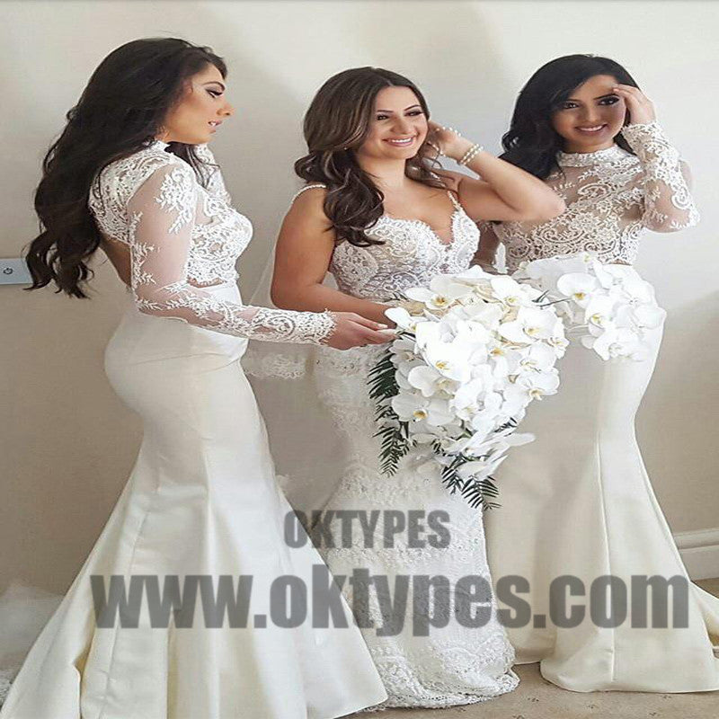 Long Mermaid Lace Bridesmaid Dresses, Long Sleeve Bridesmaid Dresses, Backless Bridesmaid Dresses, TYP0477