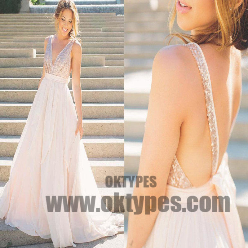 Long Floor Length Prom Dresses, Sequin Prom Dresses, Sexy V-neck Prom Dresses, Backless Prom Dresses, TYP0196