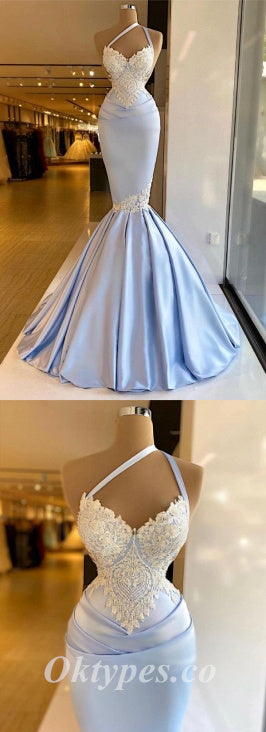 Sexy Gorgeous Satin One Shoulder V-Neck Sleeveless Mermaid Long Prom Dresses With Applique,PDS0499