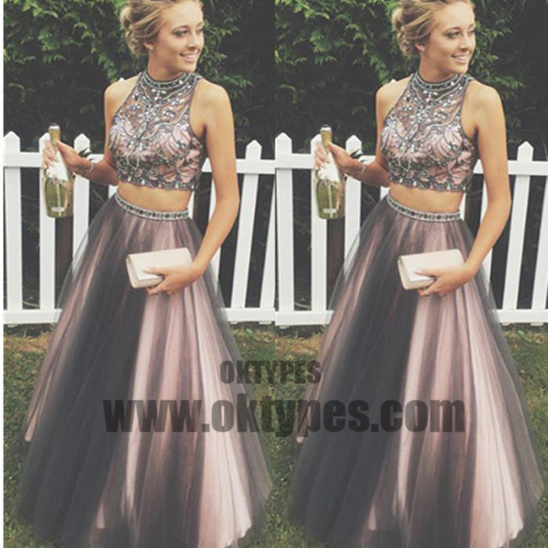 Two Piece Tulle Prom Dresses, Long Prom Dresses, Charming Prom Dresses, Evening Dress, Halter Prom Dresses, Open-back Prom Dresses, TYP0059