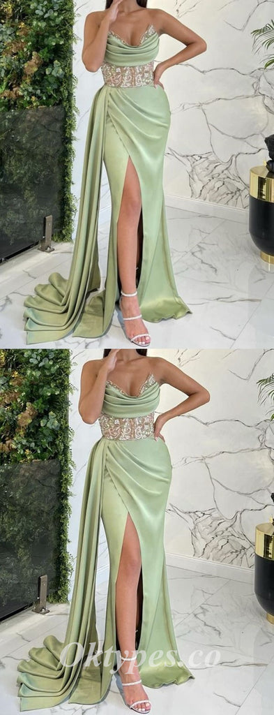 Gorgeous Satin Sweetheart V-Neck Sleeveless Side Slit Mermaid Long Prom Dresses,PDS0679