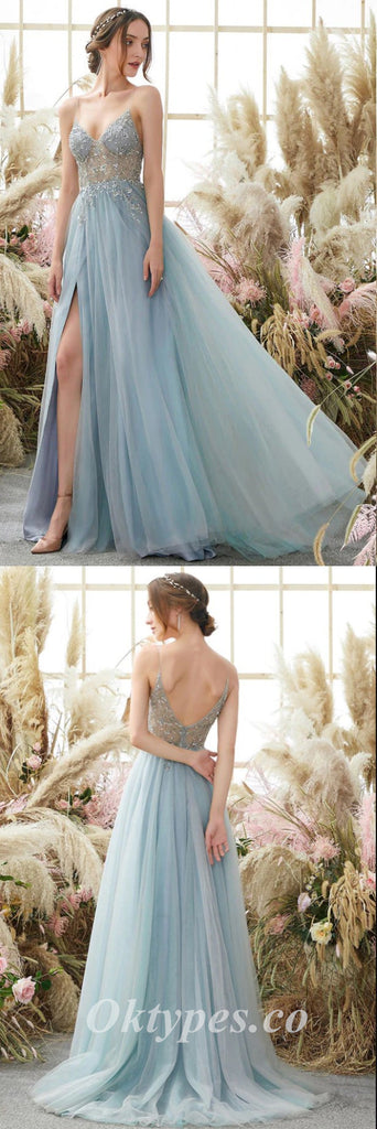 Elegant Tulle Spaghetti Straps V-Neck Side Slit A-Line Long Prom Dresses With Rhinestone,PDS0591