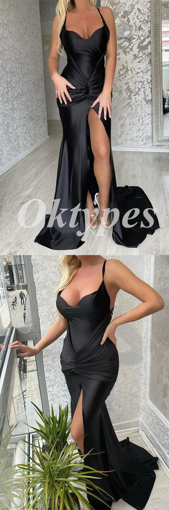 Sexy Black Soft Satin Spaghetti Straps V-Neck Sleeveless Side Slit Mermaid Long Prom Dresses,PDS0750