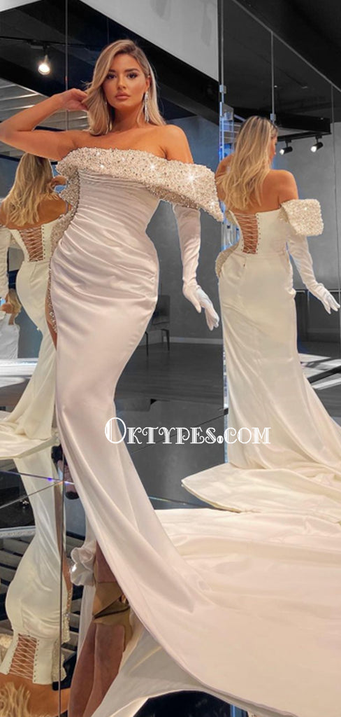 Sexy One-shoulder Mermaid Sequin Side Slit White Simple Prom Dresses, PDS0195