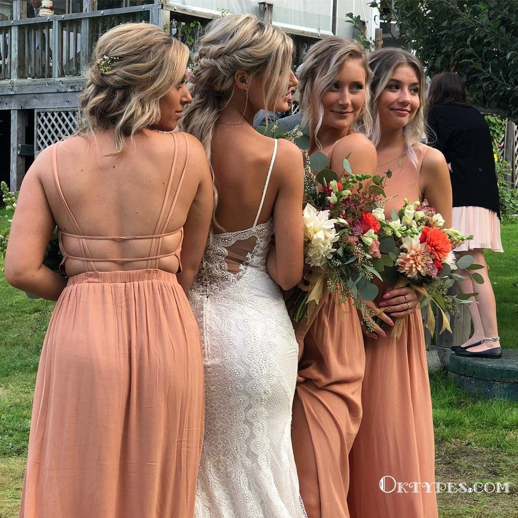 Coral Spaghetti Strap Chiffon Floor Length Bridesmaid Dresses, TYP1776