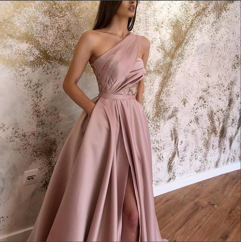 One Shoulder A Line Satin Slit Prom Dress with Pockets, PDS0300