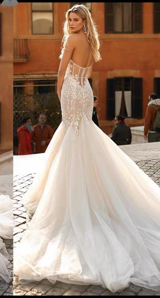 Sweetheart Lace Appliqued Tulle Mermaid Long Cheap Wedding Dresses, WDS0074